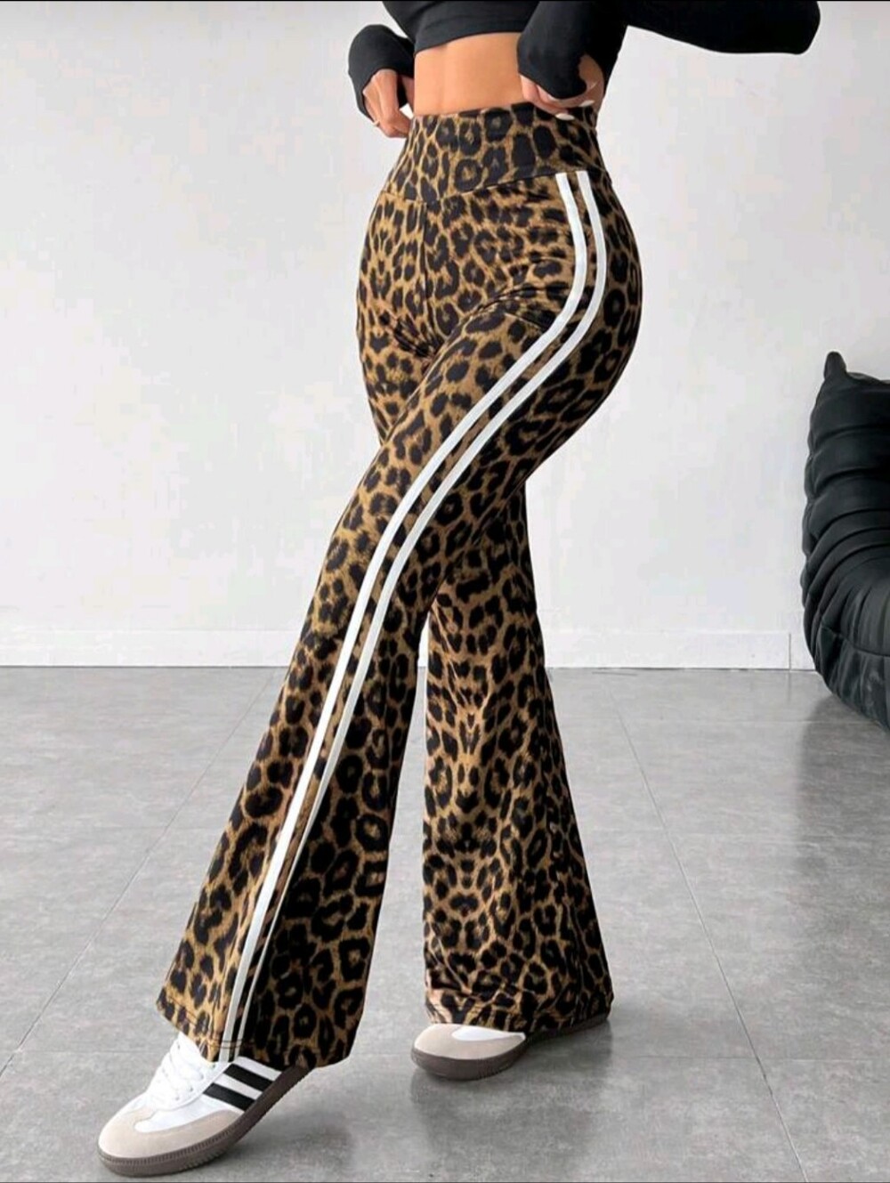 SHEIN Leopard Print Boot-Cut Pants with White Side Stripes